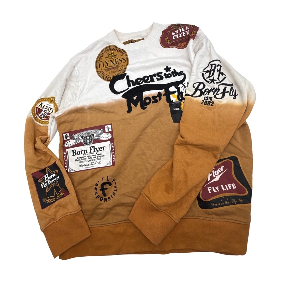 Born Fly Men's Sweatshirt 2XL Gold White Cheers To The Most Fly Graphic Patches